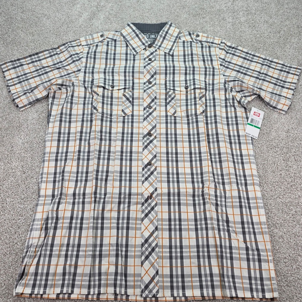 New Ecko Unltd Mens Large Tartanian Plaid Short Sleeve Button Down Shirt White